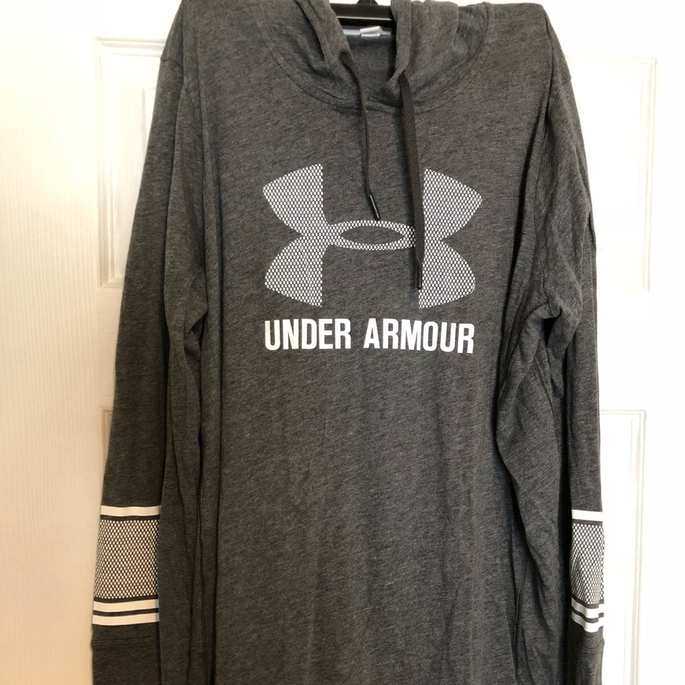 Long sleeve hooded Under Armor shirt.